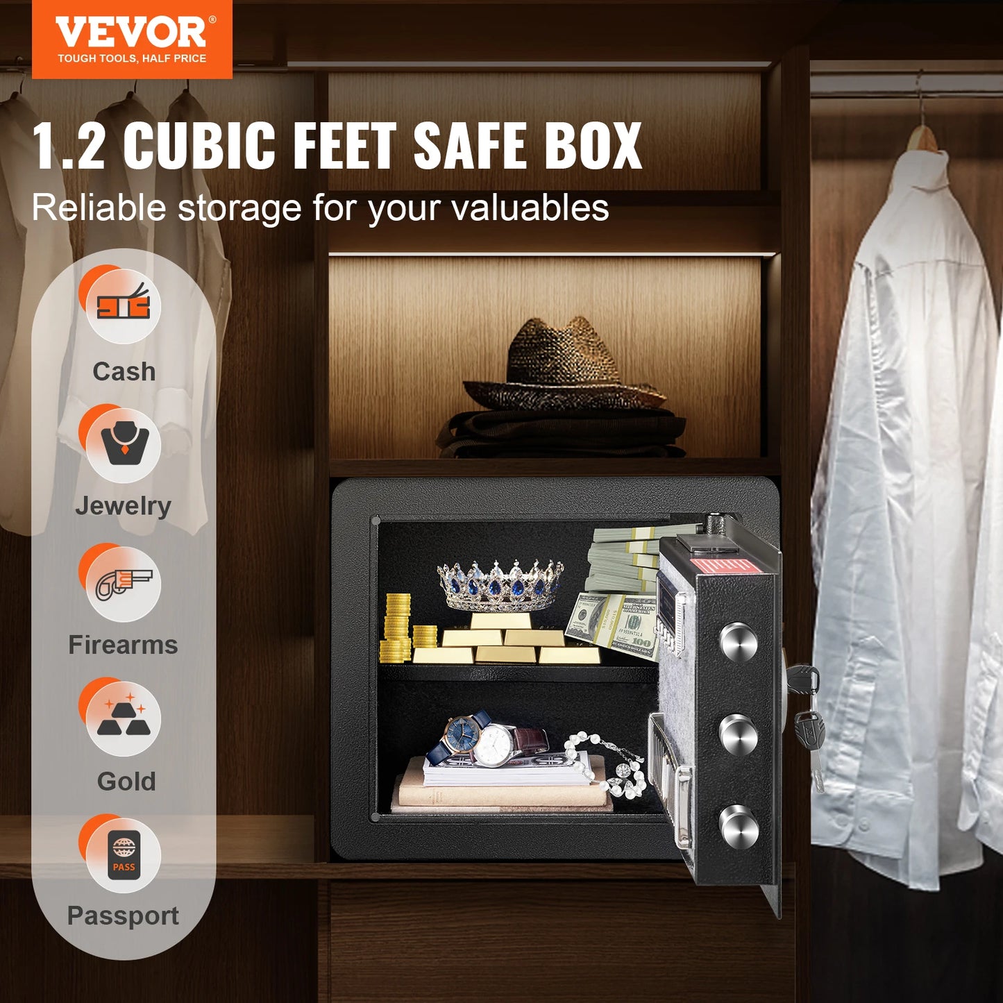 VEVOR 1.2/0.5 Cubic Feet Electronic Safe Deposit Box W/ Digital Access & Override Keys